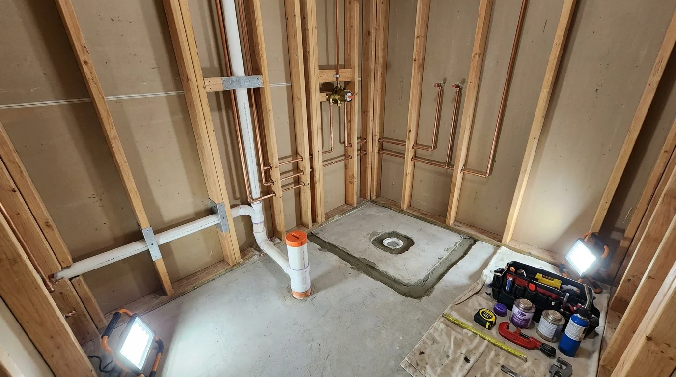 Bathroom rough-in plumbing during remodel by Johns Plumbing LLC in Morro Bay