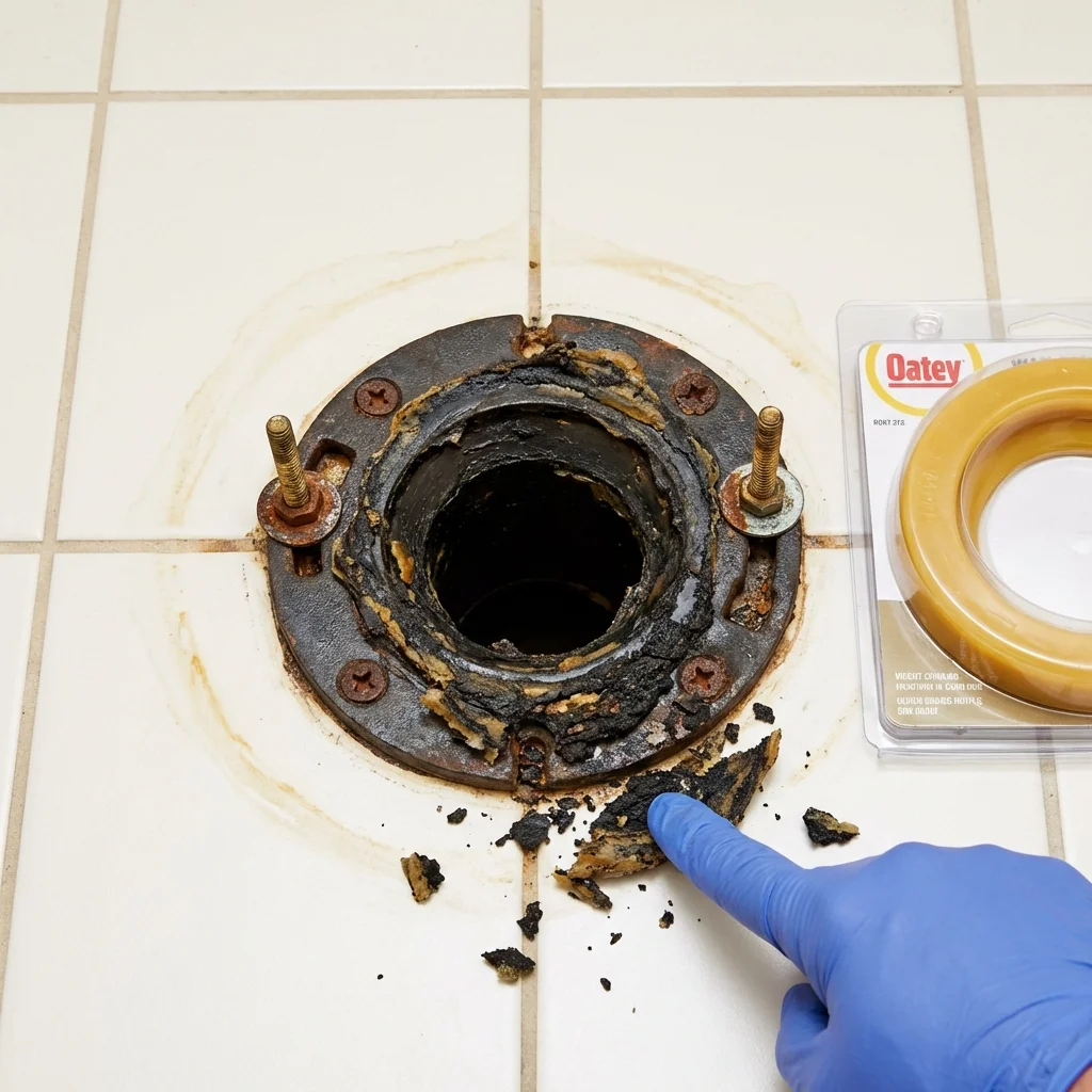 Failed wax ring showing water seepage at the base of a toilet in a Morro Bay, CA home