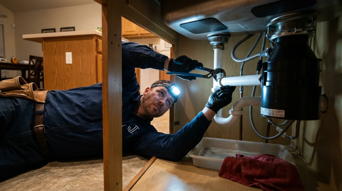 P-trap and supply line connections under a kitchen sink showing a common leak point in Morro Bay, CA